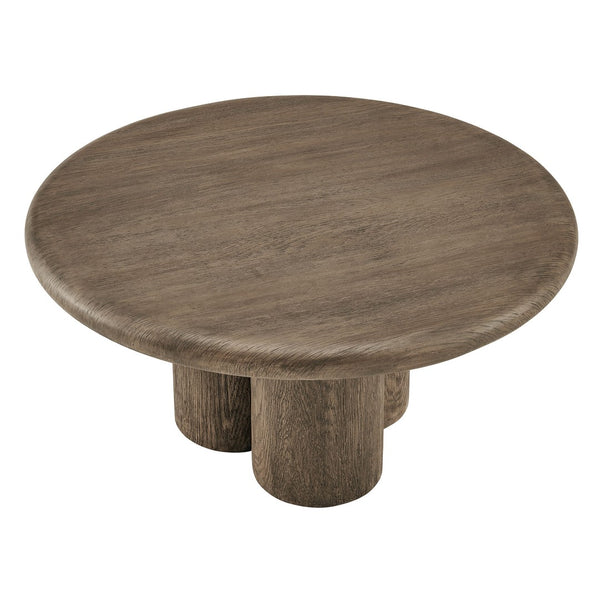 Modway Furniture Tori Round Outdoor Concrete Coffee Table with Faux Wood Finish Three Pillar Base Weathered Walnut EEI-7620-WAL