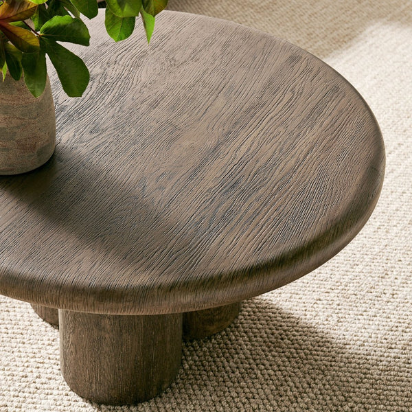 Modway Furniture Tori Round Outdoor Concrete Coffee Table with Faux Wood Finish Three Pillar Base Weathered Walnut EEI-7620-WAL