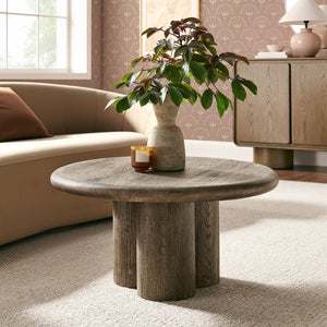 Modway Furniture Tori Round Outdoor Concrete Coffee Table with Faux Wood Finish Three Pillar Base Weathered Walnut EEI-7620-WAL
