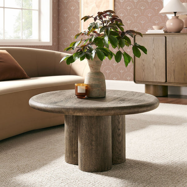 Modway Furniture Tori Round Outdoor Concrete Coffee Table with Faux Wood Finish Three Pillar Base Weathered Walnut EEI-7620-WAL