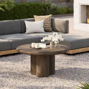 Modway Furniture Tori Round Outdoor Concrete Coffee Table with Faux Wood Finish Three Pillar Base Weathered Walnut EEI-7620-WAL