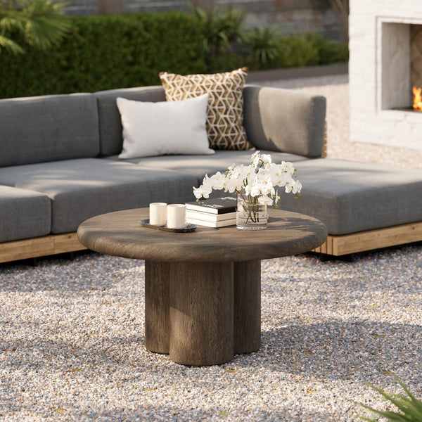 Modway Furniture Tori Round Outdoor Concrete Coffee Table with Faux Wood Finish Three Pillar Base Weathered Walnut EEI-7620-WAL