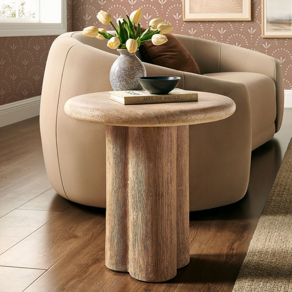 Modway Furniture Tori Concrete Round Pedestal Side Table Faux Wood Finish Patio or Living Room Travertine EEI-7621-TRA-OAK