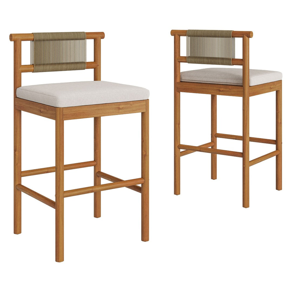 Modway Furniture Eleni Solid Teak Outdoor Bar Stools with Woven Rope Backs for Coastal Patio Natural Sail EEI-7626-NAT-SAI