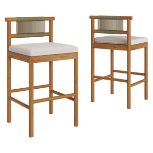 Modway Furniture Eleni Solid Teak Outdoor Bar Stools with Woven Rope Backs for Coastal Patio Natural Sail EEI-7626-NAT-SAI