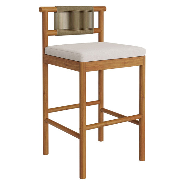 Modway Furniture Eleni Solid Teak Outdoor Bar Stools with Woven Rope Backs for Coastal Patio Natural Sail EEI-7626-NAT-SAI