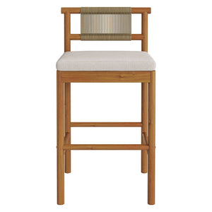 Modway Furniture Eleni Solid Teak Outdoor Bar Stools with Woven Rope Backs for Coastal Patio Natural Sail EEI-7626-NAT-SAI
