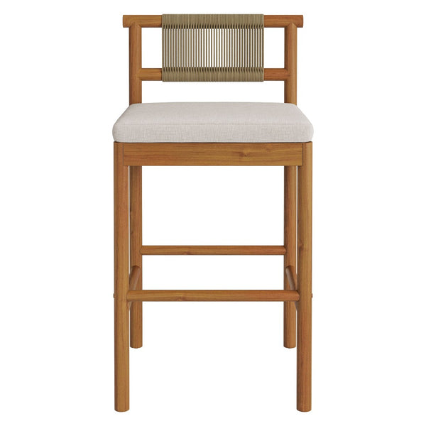Modway Furniture Eleni Solid Teak Outdoor Bar Stools with Woven Rope Backs for Coastal Patio Natural Sail EEI-7626-NAT-SAI