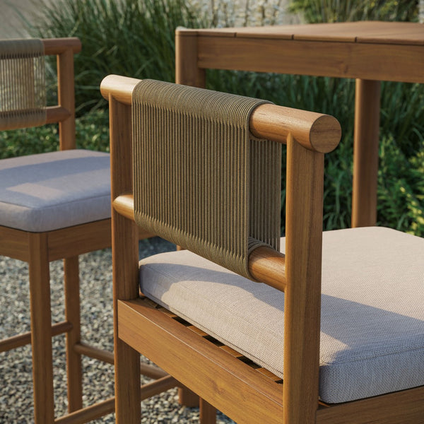 Modway Furniture Eleni Solid Teak Outdoor Bar Stools with Woven Rope Backs for Coastal Patio Natural Sail EEI-7626-NAT-SAI