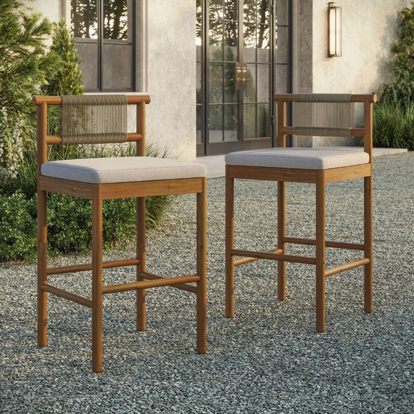 Modway Furniture Eleni Solid Teak Outdoor Bar Stools with Woven Rope Backs for Coastal Patio Natural Sail EEI-7626-NAT-SAI