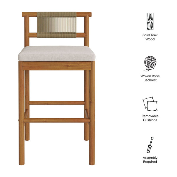 Modway Furniture Eleni Solid Teak Outdoor Bar Stools with Woven Rope Backs for Coastal Patio Natural Sail EEI-7626-NAT-SAI