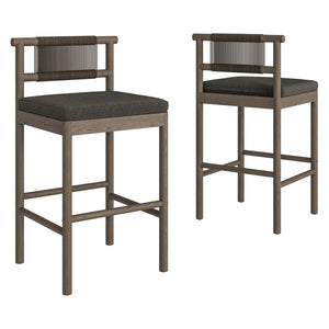 Modway Furniture Eleni Solid Teak Outdoor Bar Stools with Woven Rope Backs for Coastal Patio Weathered Gray Flint EEI-7626-WGR-FLI