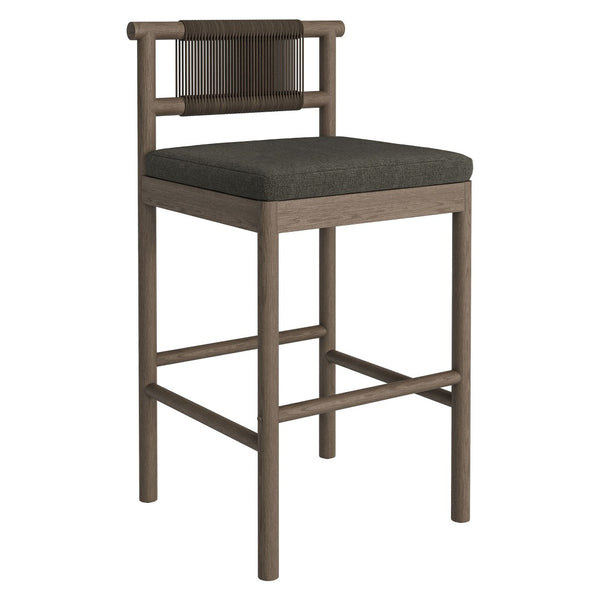Modway Furniture Eleni Solid Teak Outdoor Bar Stools with Woven Rope Backs for Coastal Patio Weathered Gray Flint EEI-7626-WGR-FLI