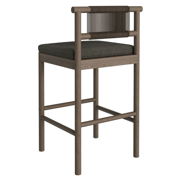 Modway Furniture Eleni Solid Teak Outdoor Bar Stools with Woven Rope Backs for Coastal Patio Weathered Gray Flint EEI-7626-WGR-FLI