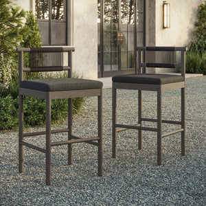 Modway Furniture Eleni Solid Teak Outdoor Bar Stools with Woven Rope Backs for Coastal Patio Weathered Gray Flint EEI-7626-WGR-FLI