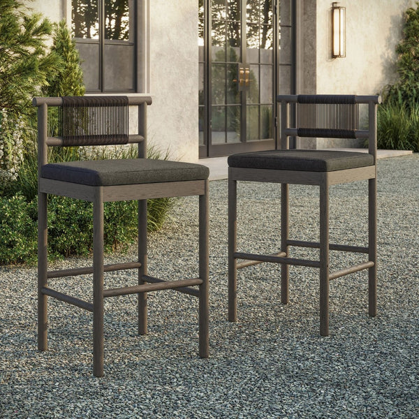 Modway Furniture Eleni Solid Teak Outdoor Bar Stools with Woven Rope Backs for Coastal Patio Weathered Gray Flint EEI-7626-WGR-FLI