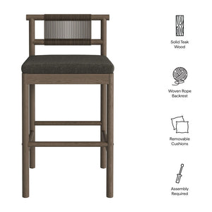 Modway Furniture Eleni Solid Teak Outdoor Bar Stools with Woven Rope Backs for Coastal Patio Weathered Gray Flint EEI-7626-WGR-FLI
