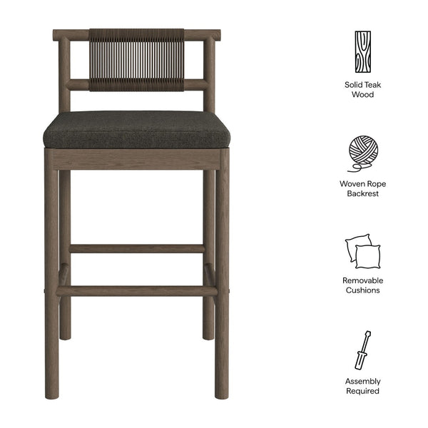 Modway Furniture Eleni Solid Teak Outdoor Bar Stools with Woven Rope Backs for Coastal Patio Weathered Gray Flint EEI-7626-WGR-FLI