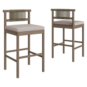 Modway Furniture Eleni Solid Teak Outdoor Bar Stools with Woven Rope Backs for Coastal Patio Weathered Gray Pebble EEI-7626-WGR-PEB