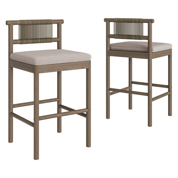 Modway Furniture Eleni Solid Teak Outdoor Bar Stools with Woven Rope Backs for Coastal Patio Weathered Gray Pebble EEI-7626-WGR-PEB