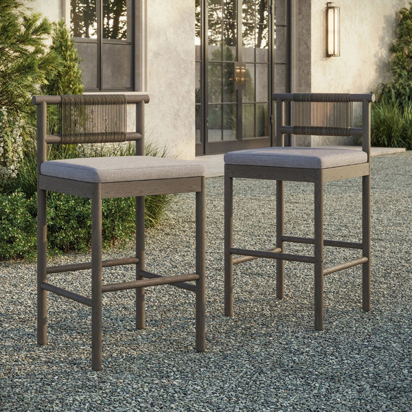 Modway Furniture Eleni Solid Teak Outdoor Bar Stools with Woven Rope Backs for Coastal Patio Weathered Gray Pebble EEI-7626-WGR-PEB