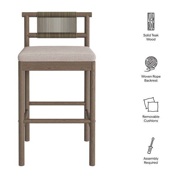 Modway Furniture Eleni Solid Teak Outdoor Bar Stools with Woven Rope Backs for Coastal Patio Weathered Gray Pebble EEI-7626-WGR-PEB