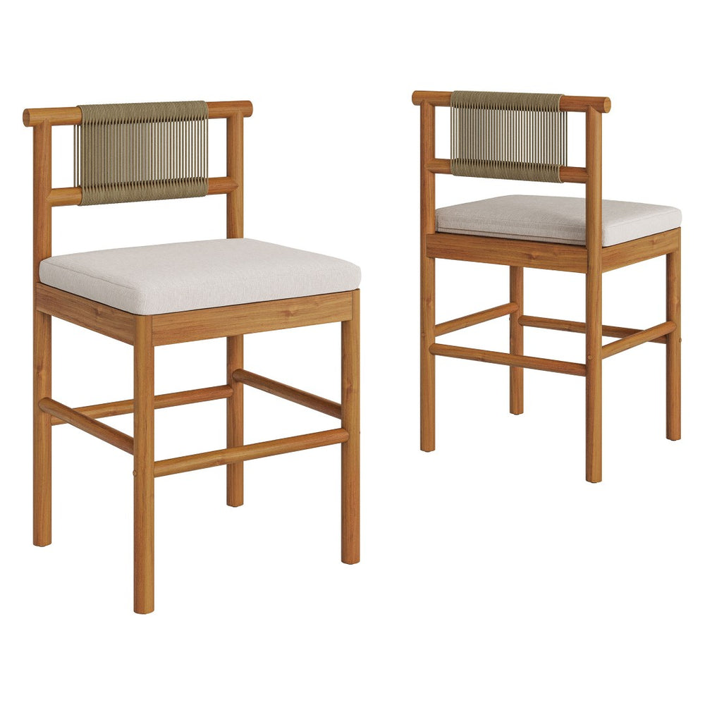 Modway Furniture Eleni Modway Solid Teak Outdoor Counter Stools Woven Rope Back Coastal Patio Pair Natural Sail EEI-7627-NAT-SAI
