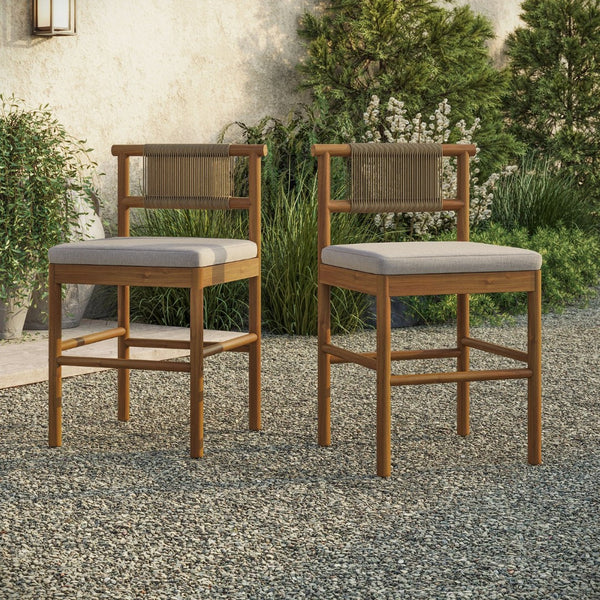 Modway Furniture Eleni Modway Solid Teak Outdoor Counter Stools Woven Rope Back Coastal Patio Pair Natural Sail EEI-7627-NAT-SAI