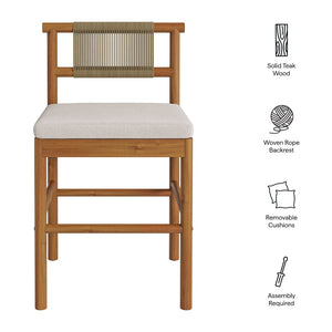 Modway Furniture Eleni Modway Solid Teak Outdoor Counter Stools Woven Rope Back Coastal Patio Pair Natural Sail EEI-7627-NAT-SAI