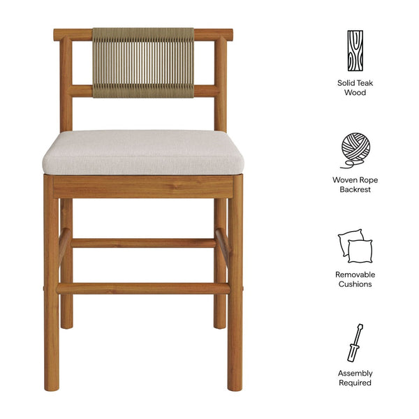 Modway Furniture Eleni Modway Solid Teak Outdoor Counter Stools Woven Rope Back Coastal Patio Pair Natural Sail EEI-7627-NAT-SAI