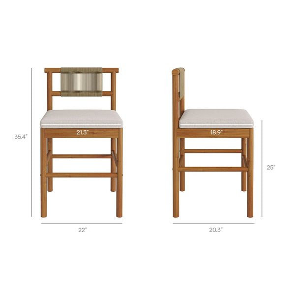 Modway Furniture Eleni Modway Solid Teak Outdoor Counter Stools Woven Rope Back Coastal Patio Pair Natural Sail EEI-7627-NAT-SAI