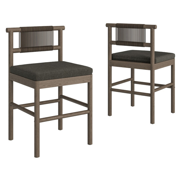 Modway Furniture Eleni Modway Solid Teak Outdoor Counter Stools Woven Rope Back Coastal Patio Pair Weathered Gray Flint EEI-7627-WGR-FLI