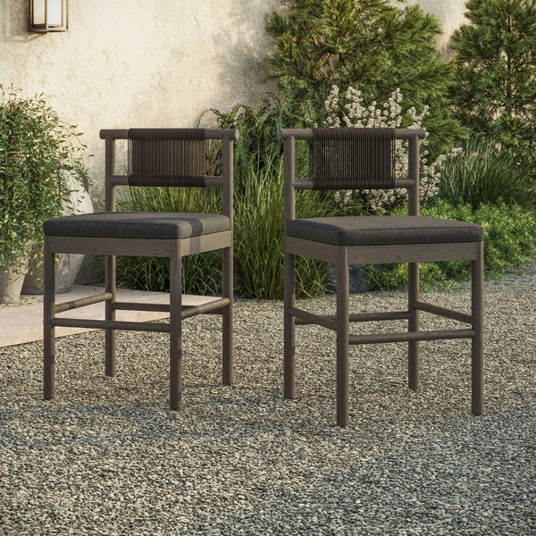 Modway Furniture Eleni Modway Solid Teak Outdoor Counter Stools Woven Rope Back Coastal Patio Pair Weathered Gray Flint EEI-7627-WGR-FLI