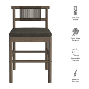 Modway Furniture Eleni Modway Solid Teak Outdoor Counter Stools Woven Rope Back Coastal Patio Pair Weathered Gray Flint EEI-7627-WGR-FLI