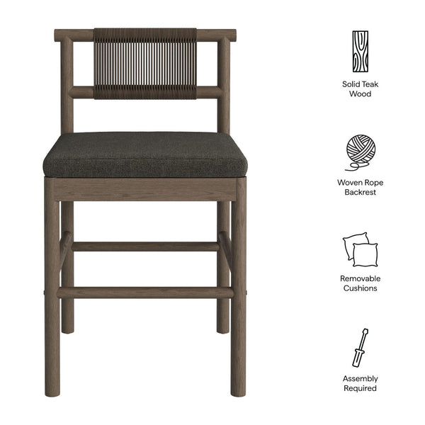 Modway Furniture Eleni Modway Solid Teak Outdoor Counter Stools Woven Rope Back Coastal Patio Pair Weathered Gray Flint EEI-7627-WGR-FLI