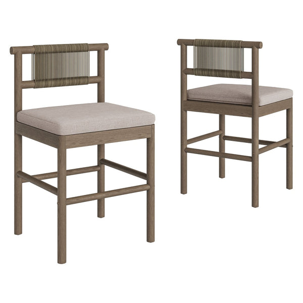Modway Furniture Eleni Modway Solid Teak Outdoor Counter Stools Woven Rope Back Coastal Patio Pair Weathered Gray Pebble EEI-7627-WGR-PEB