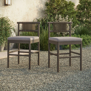 Modway Furniture Eleni Modway Solid Teak Outdoor Counter Stools Woven Rope Back Coastal Patio Pair Weathered Gray Pebble EEI-7627-WGR-PEB