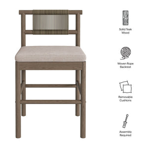 Modway Furniture Eleni Modway Solid Teak Outdoor Counter Stools Woven Rope Back Coastal Patio Pair Weathered Gray Pebble EEI-7627-WGR-PEB