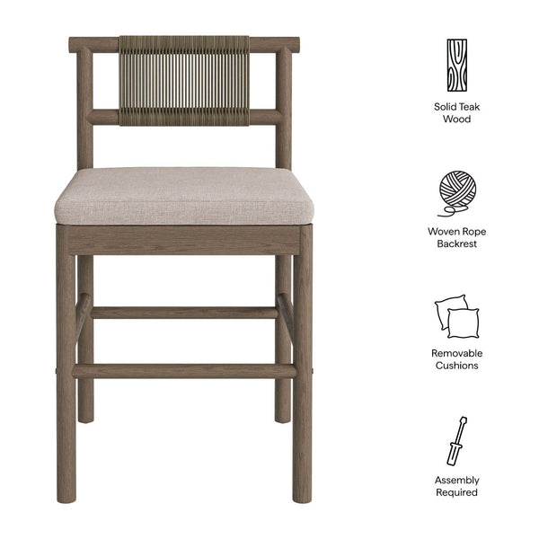 Modway Furniture Eleni Modway Solid Teak Outdoor Counter Stools Woven Rope Back Coastal Patio Pair Weathered Gray Pebble EEI-7627-WGR-PEB