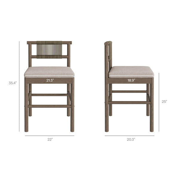 Modway Furniture Eleni Modway Solid Teak Outdoor Counter Stools Woven Rope Back Coastal Patio Pair Weathered Gray Pebble EEI-7627-WGR-PEB