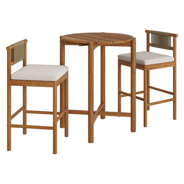 Modway Furniture Eleni Modway Solid Teak Outdoor Bar Set with Rope Accent Stools for Patio Decks Natural Sail EEI-7630-NAT-SAI