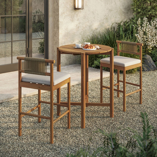 Modway Furniture Eleni Modway Solid Teak Outdoor Bar Set with Rope Accent Stools for Patio Decks Natural Sail EEI-7630-NAT-SAI
