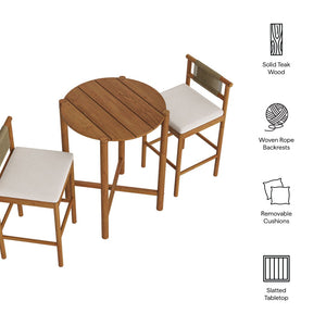 Modway Furniture Eleni Modway Solid Teak Outdoor Bar Set with Rope Accent Stools for Patio Decks Natural Sail EEI-7630-NAT-SAI