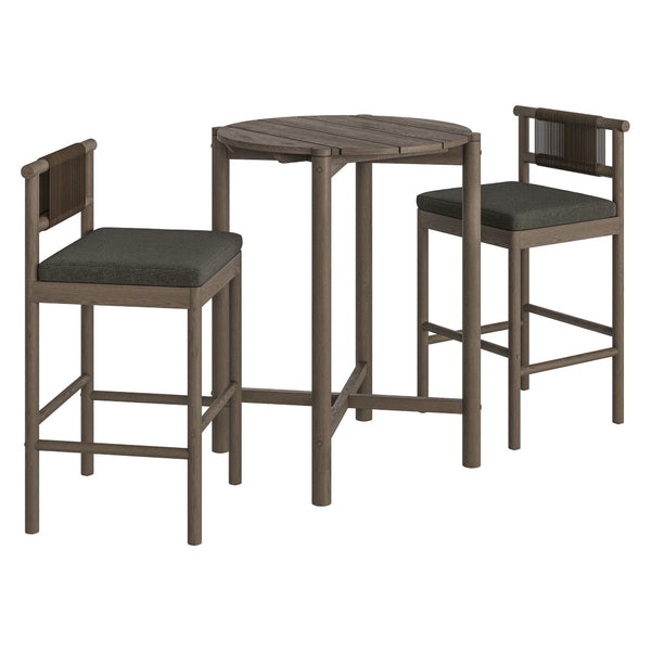 Modway Furniture Eleni Modway Solid Teak Outdoor Bar Set with Rope Accent Stools for Patio Decks Weathered Gray Flint EEI-7630-WGR-FLI