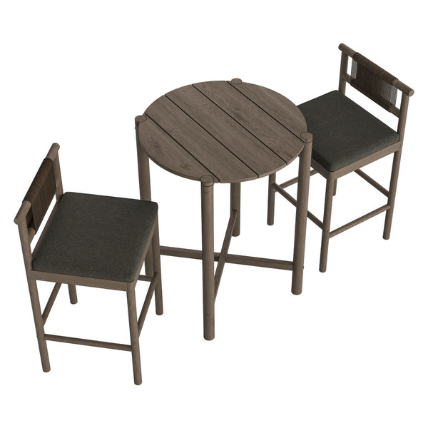Modway Furniture Eleni Modway Solid Teak Outdoor Bar Set with Rope Accent Stools for Patio Decks Weathered Gray Flint EEI-7630-WGR-FLI