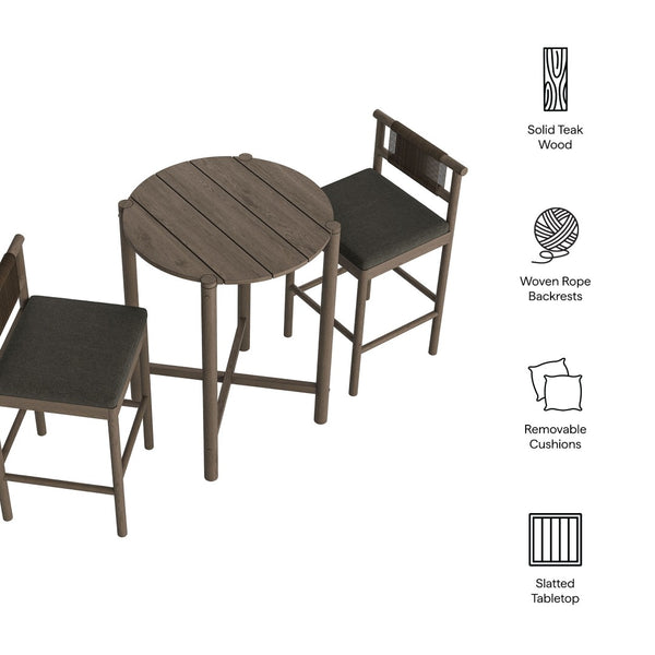 Modway Furniture Eleni Modway Solid Teak Outdoor Bar Set with Rope Accent Stools for Patio Decks Weathered Gray Flint EEI-7630-WGR-FLI