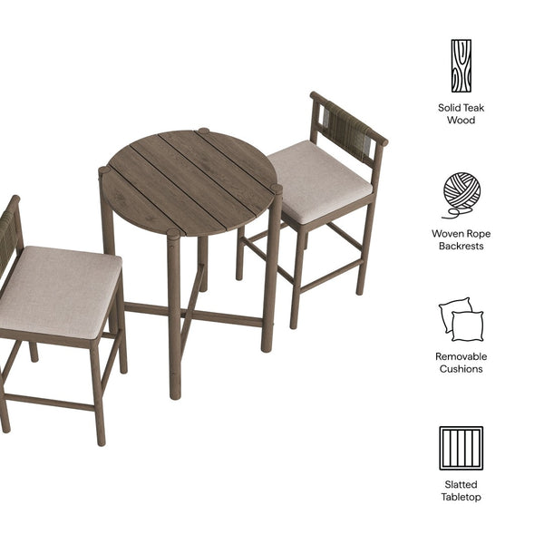 Modway Furniture Eleni Modway Solid Teak Outdoor Bar Set with Rope Accent Stools for Patio Decks Weathered Gray Pebble EEI-7630-WGR-PEB