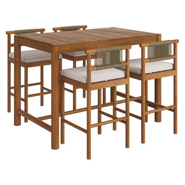 Modway Furniture Eleni Solid Teak Outdoor Bar Set with Rope Accent Chairs for Coastal Patio Dining Natural Sail EEI-7631-NAT-SAI