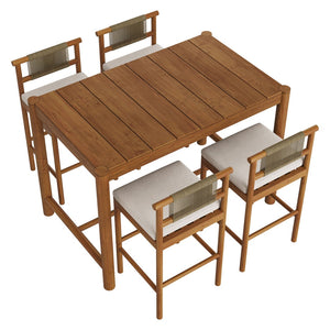 Modway Furniture Eleni Solid Teak Outdoor Bar Set with Rope Accent Chairs for Coastal Patio Dining Natural Sail EEI-7631-NAT-SAI