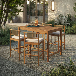 Modway Furniture Eleni Solid Teak Outdoor Bar Set with Rope Accent Chairs for Coastal Patio Dining Natural Sail EEI-7631-NAT-SAI